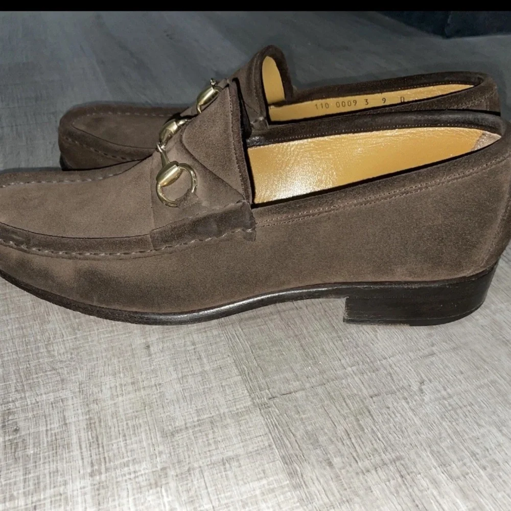 GUCCI Tom Ford Era Gold Horsebit Brown Suede Loafers Shoes Size US 9D